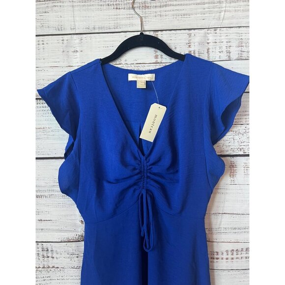 MONTEAU-SHORT SLEEVE RUFFLE DRESS ROYAL BLUE - Picture 2 of 10